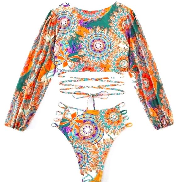 Callie Gypsy Sleeve: Multicolor Paisley Padded Plunge V-Neck Wrap Around Bikini - Picture 4 of 17